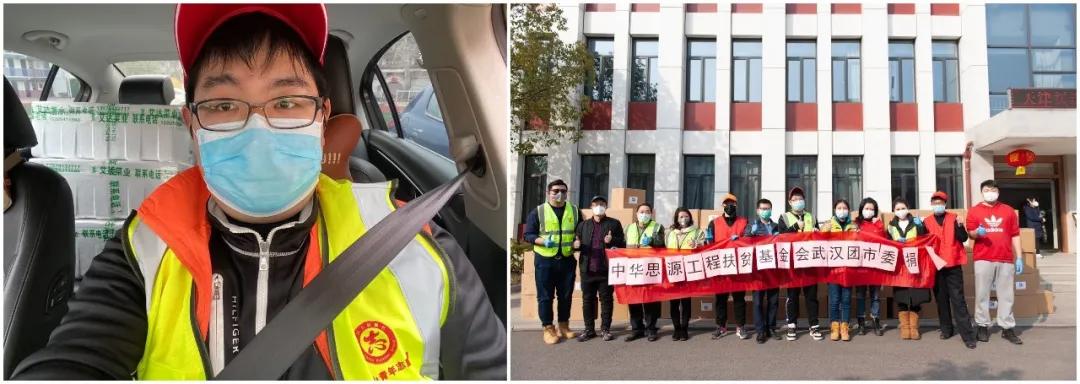 左圖：10輛轎車(chē)后座和后備箱堆滿(mǎn)了菜，出發(fā)送給社區(qū)；右圖：各位志愿者協(xié)助接收消毒防護(hù)物資