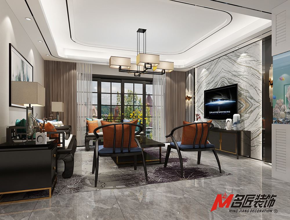 青島市魯信長春花園商住樓新中式風(fēng)格三居室裝修案例