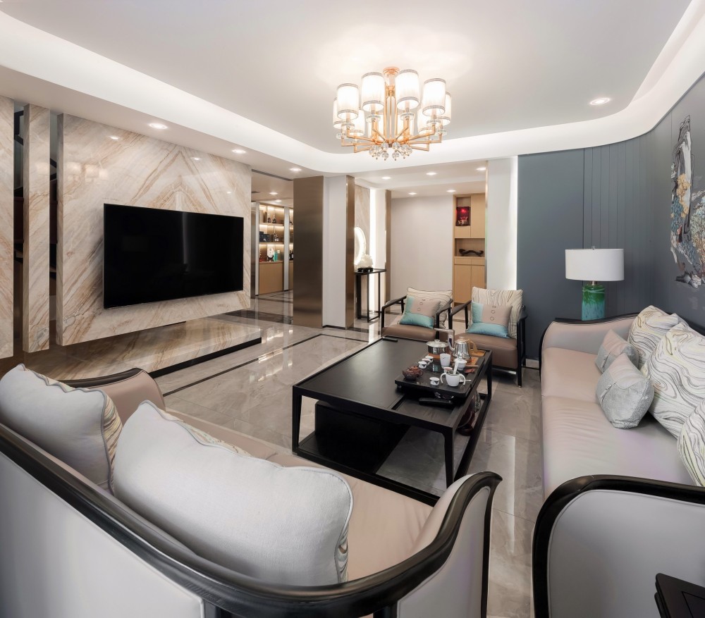 新中式風(fēng)格室內(nèi)家裝案例效果圖-客廳全景 新中式風(fēng)格室內(nèi)家裝案例效果圖-客廳全景