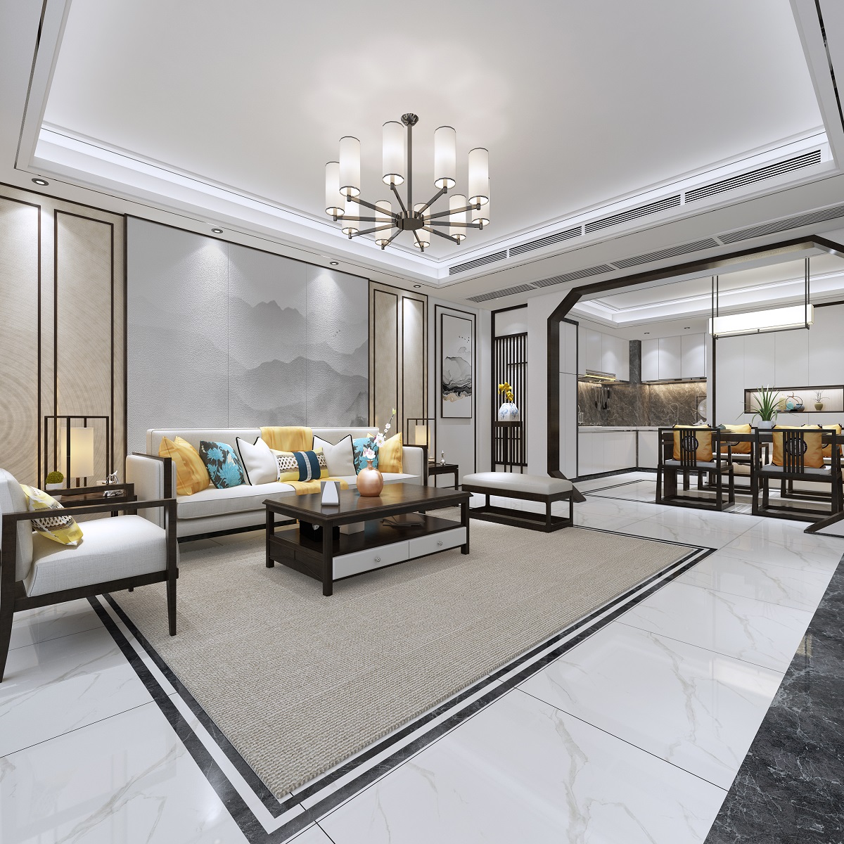 佛山市海倫堡&middot;美的&middot;玖悅府新中式風(fēng)格三居室裝修案例