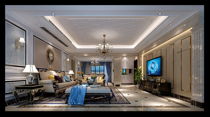 歐式風格室內(nèi)裝修設計效果圖-東湖洲花園四居160平米-室內(nèi)裝修設計客廳